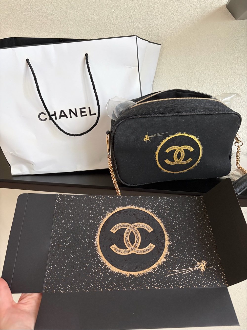 CHANEL Black Repurposed cosmetic Crossbody Bag with Gold CC Emblem**PROJECT**